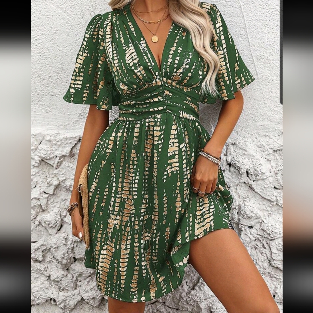 SHEIN Green and Gold Midi Dress NWOT
